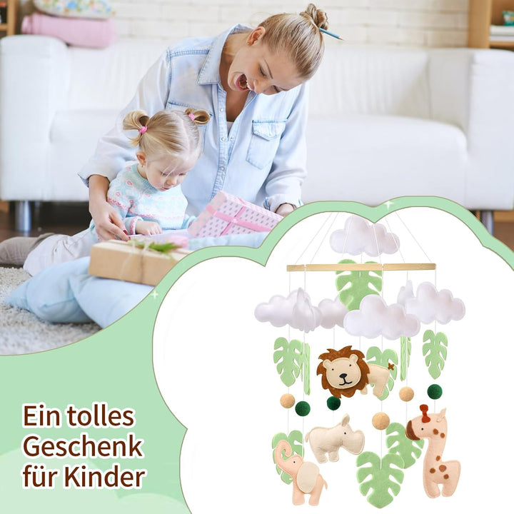 Waldtiere Mobile Baby Windspiele, 3D Löwe, Giraffe, Elefant, Nashorn, Grünes Blatt Mobile Baby Holz