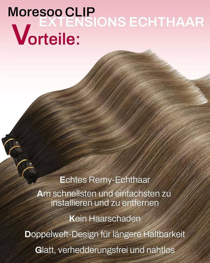 Moresoo Clip in Extensions Echthaar Balayage Braun mit Dunkelblond Remy Echthaar Extensions Clip 45c