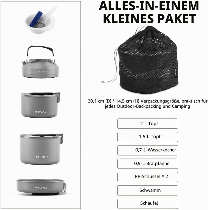 Fire-Maple Feast 4 Camping-Kochgeschirr-Set Outdoor-Kochset mit Topf, Wasserkocher, Pfanne, Schalen