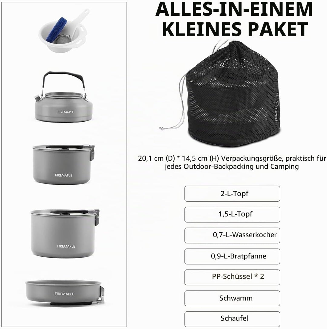 Fire-Maple Feast 4 Camping-Kochgeschirr-Set Outdoor-Kochset mit Topf, Wasserkocher, Pfanne, Schalen