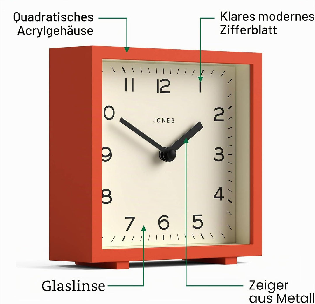 JONES CLOCKS® 'Disco' Schreibtischuhr – Elegantes quadratisches Design in Orange, stilvoll und gut a