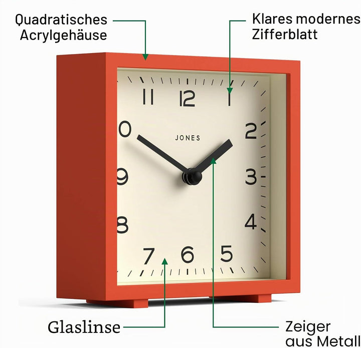 JONES CLOCKS® 'Disco' Schreibtischuhr – Elegantes quadratisches Design in Orange, stilvoll und gut a