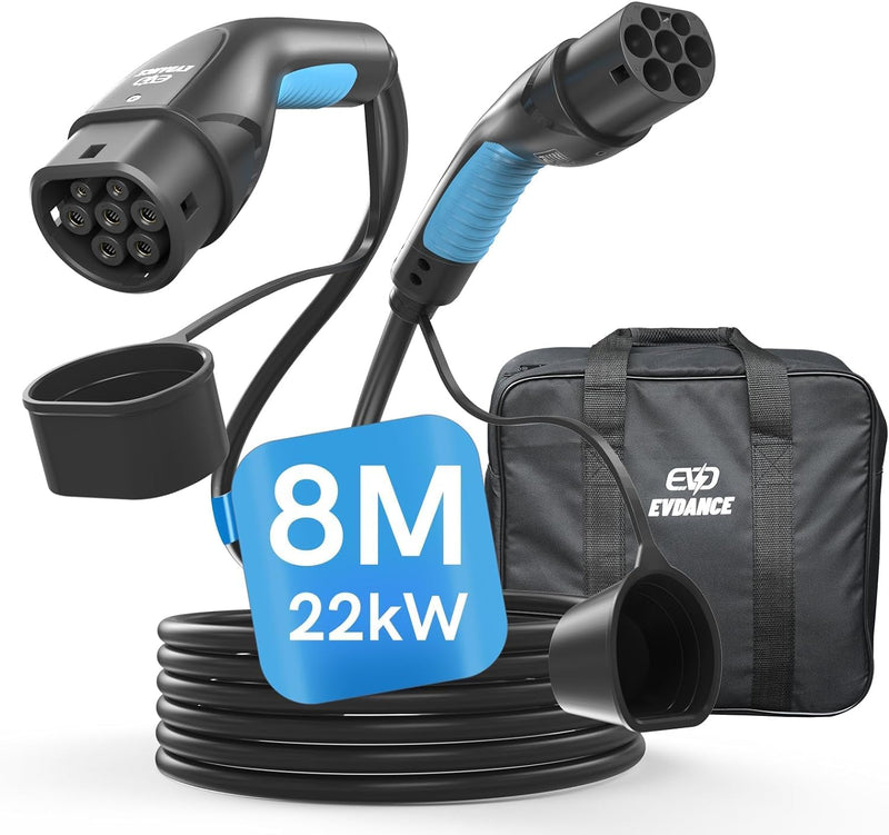 EVDANCE Typ 2 Ladekabel 22kW | 32A | 8m | 3-Phasig | Typ 2 auf Typ 2 | mit Tasche für E Auto EV/PHEV