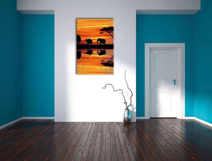 Pixxprint Afrika Elefant in Sonnenschein schwarz/weiss, Format: 70x100 auf hochkantiges Leinwand, 70