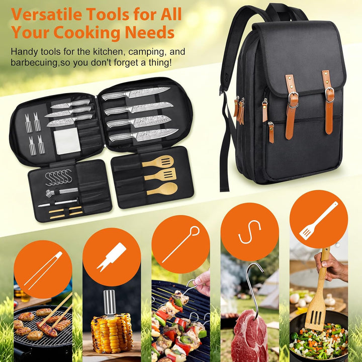 MOSFiATA Messerset Küchenmesser Grillbesteck Set mit Rucksack für Outdoor | mit 7 profi Messer, Wetz