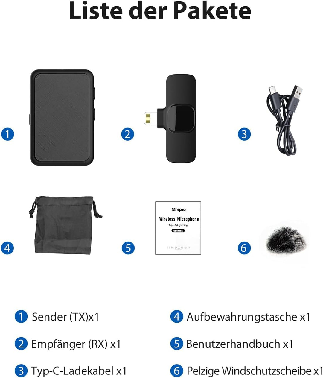 Kabellos Lavalier Mic,Gimpro MB1(A) 2.4GHz【Lightning】 Plug&Play Ansteckmikrofon mit 1 Druck Stummsch