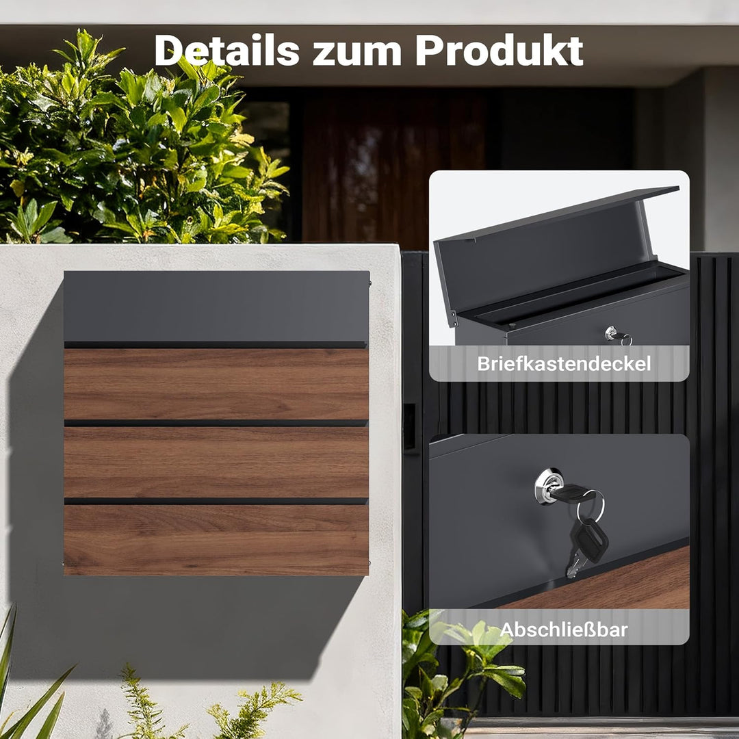 Toboli Briefkasten V63 Anthrazit und Holzdesign 410 x 130 x 370 mm, Wandbriefkasten mit Schloss, Sof