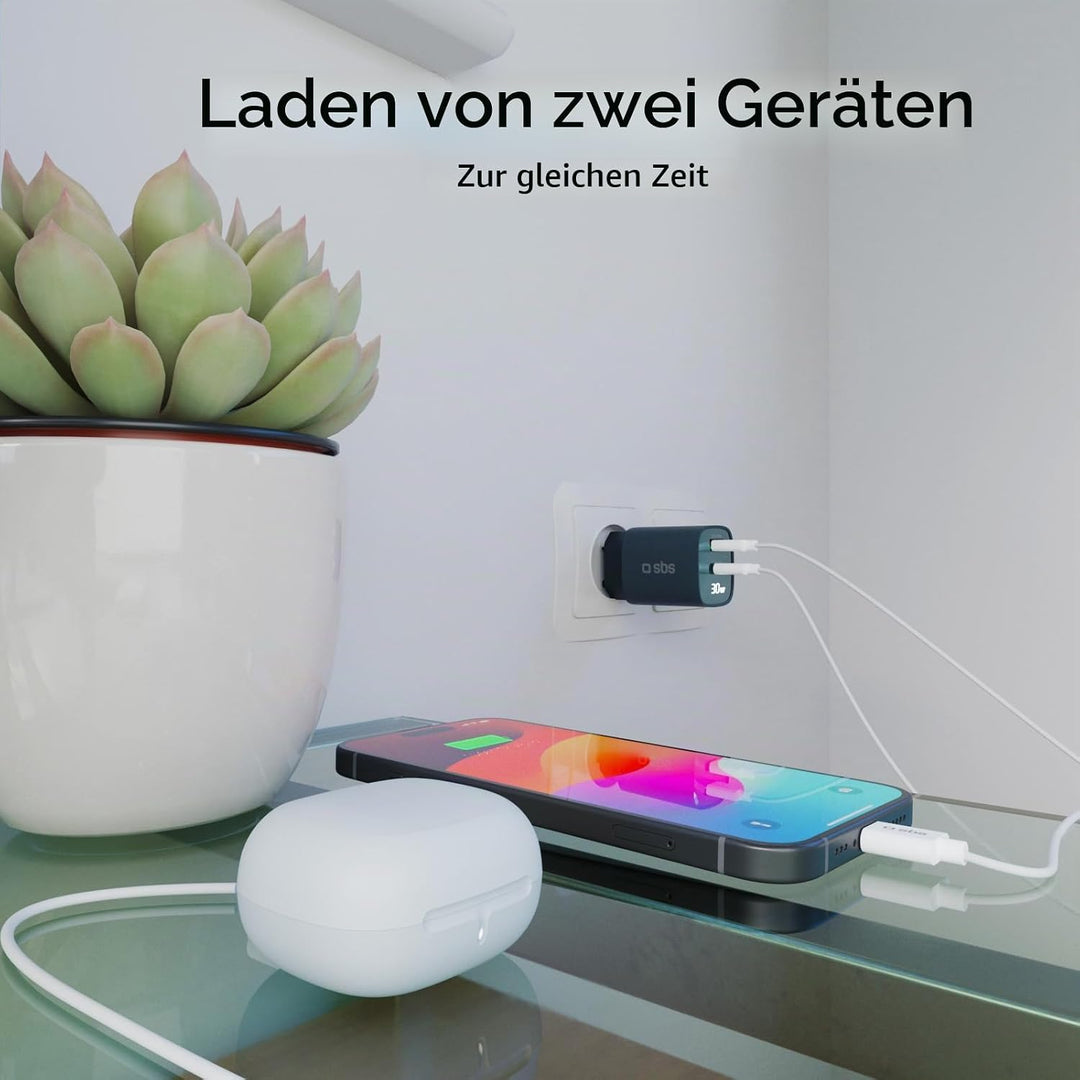 SBS Mehrport-Ladegerät 30W mit LCD, 1 USB-C-Anschluss und 1 USB-A-Anschluss, EU-Stecker, Power Deliv