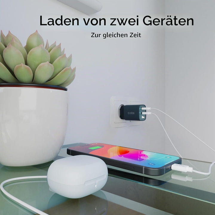 SBS Mehrport-Ladegerät 30W mit LCD, 1 USB-C-Anschluss und 1 USB-A-Anschluss, EU-Stecker, Power Deliv