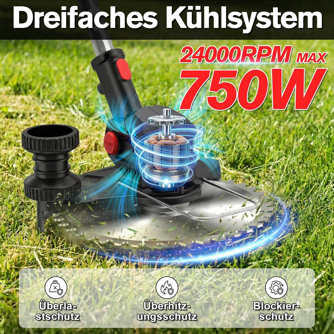 Rasentrimmer mit Akku 21V, 4-in-1 Freischneider & Motorsense 24000 RPM, Rasenkantenschneider inkl. 2