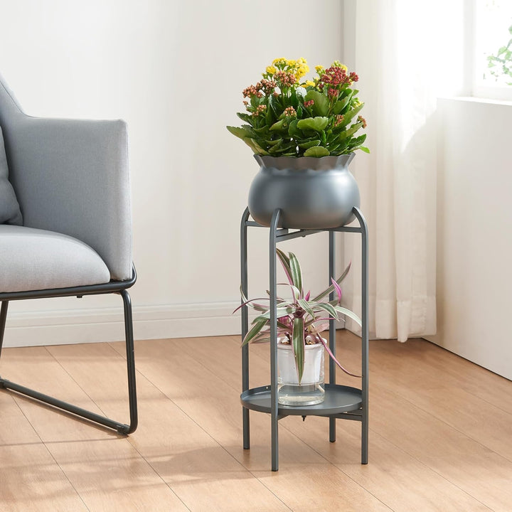 [en.casa] Blumenständer Altena Pflanzenständer mit Blumentopf und Ablage Metall Schwarz Pflanzenrega