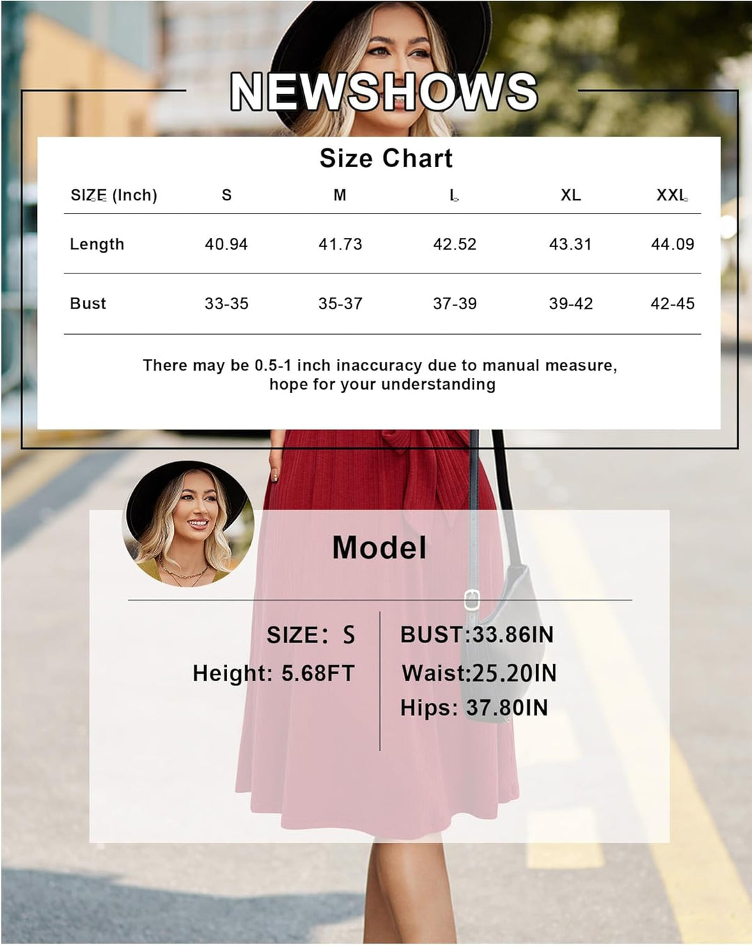 Newshows Strickkleid Damen Herbstkleid V Ausschnitt Pulloverkleid Winterkleid Kleid mit Taschen für