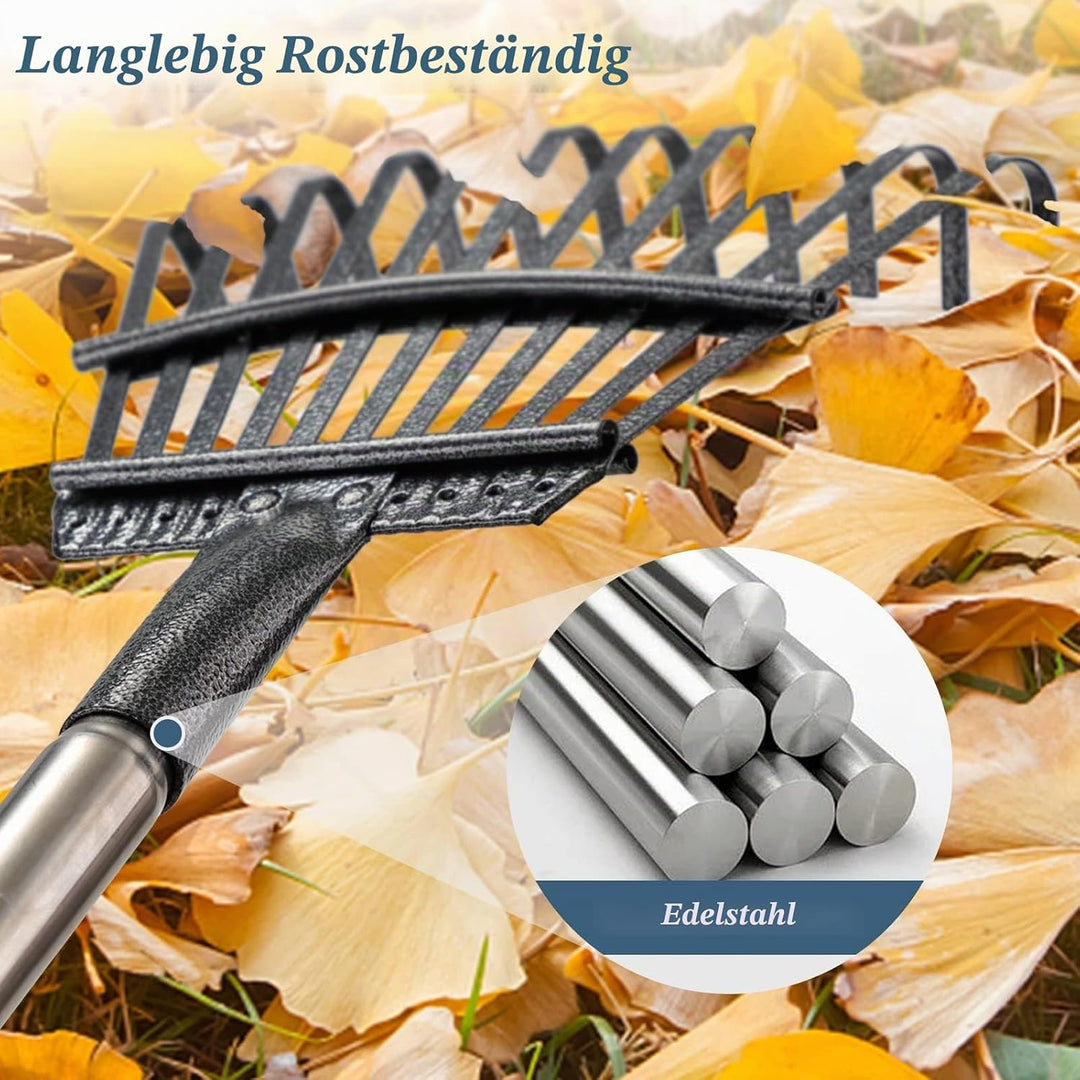 Garten Laubrechen Heavy Duty,Gras Harken für Gartenarbeit mit 11 Metallzinken 21 cm breit,Upgraded 7
