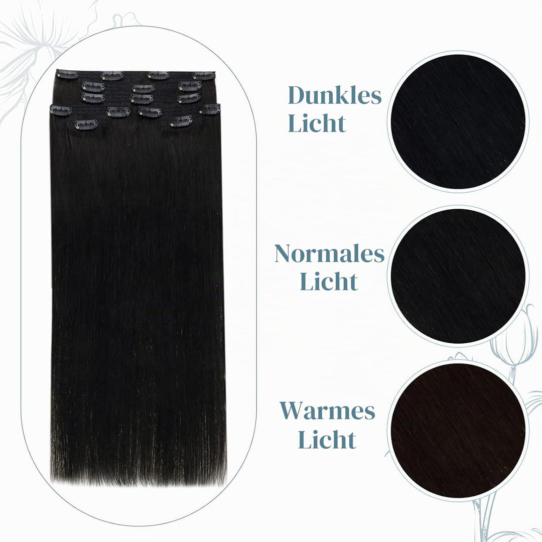 RUNATURE Echthaar Extensions Clip in Aus Schwarz 35cm Haarverlangerung Echthaar Clip in Glatt Haar E