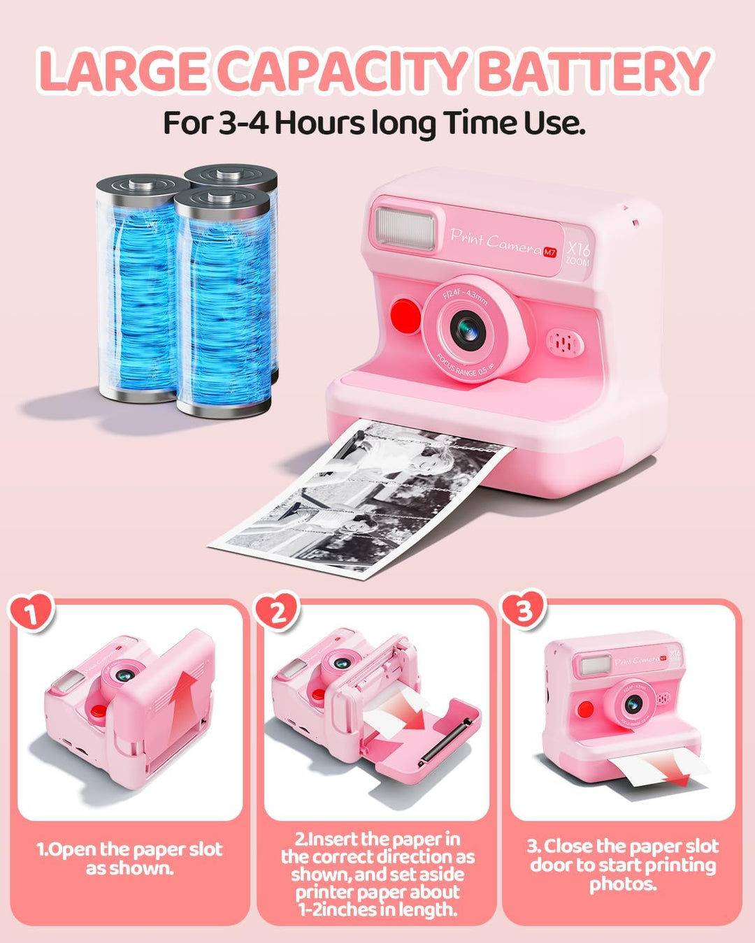 CalineGam Kinderkamera Sofortbildkamera, 1080P HD Sofortbildkamera Kinder mit 32 GB Karte und 3 Papi