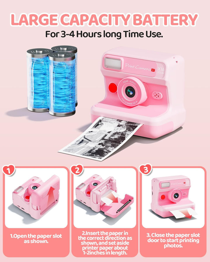 CalineGam Kinderkamera Sofortbildkamera, 1080P HD Sofortbildkamera Kinder mit 32 GB Karte und 3 Papi