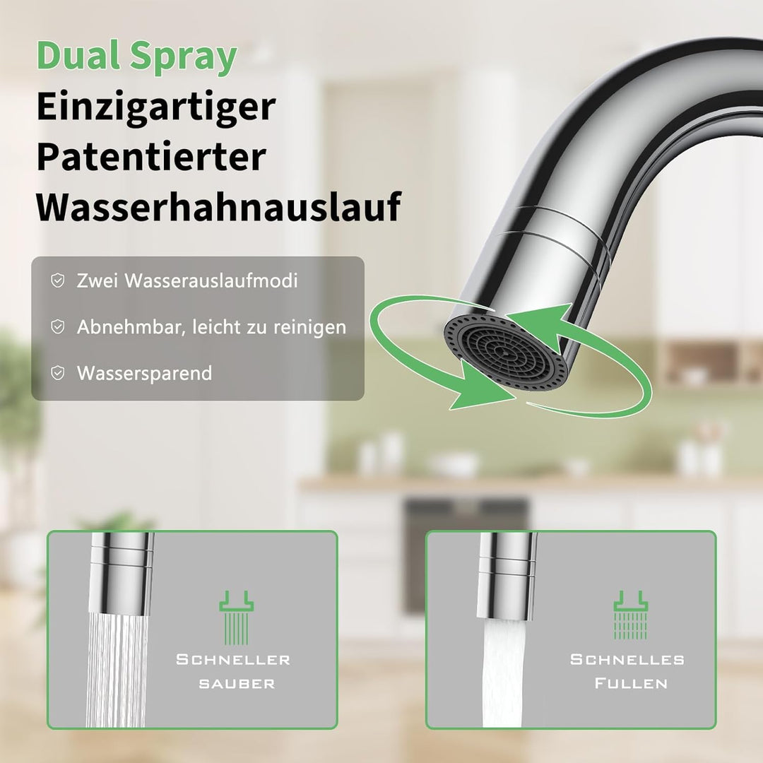Niederdruck Armatur Küche mit 2 Strahlarten, 360 ° Drehbare Wasserhahn Küche, Leicht zu zerlegen und