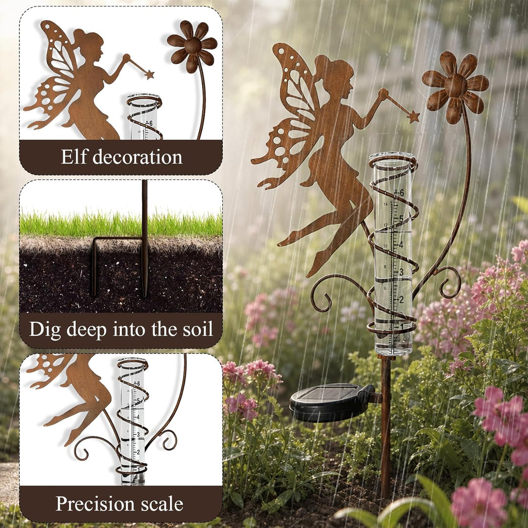 Regenmesser für Garten, Gartendeko Niederschlagsmesser mit Stab 106cm, Gartenstecker Elfe Stehend Ga