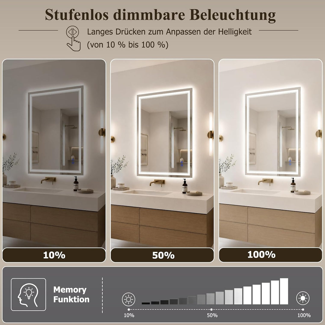 XRAMFY Badspiegel mit Beleuchtung LED 80×50CM, 3 Farbtemperaturen &amp; stufenloses Dimmen, Anti-Beschla