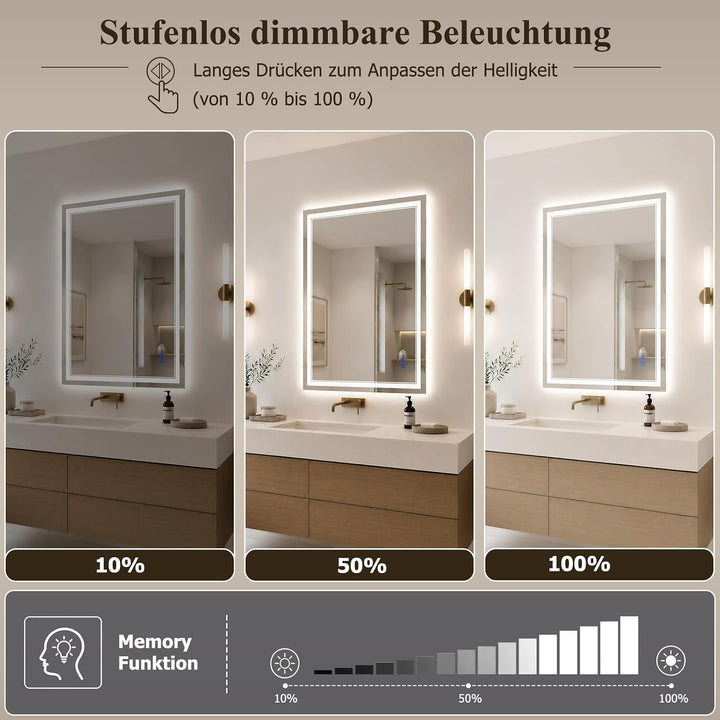 XRAMFY Badspiegel mit Beleuchtung LED 80×50CM, 3 Farbtemperaturen &amp; stufenloses Dimmen, Anti-Beschla