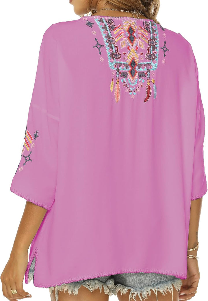 Vakakado Boho Stickerei Bluse Hippie Kleidung Damen 70er 80er Jahre Bekleidung Bohemian Folklore Bes