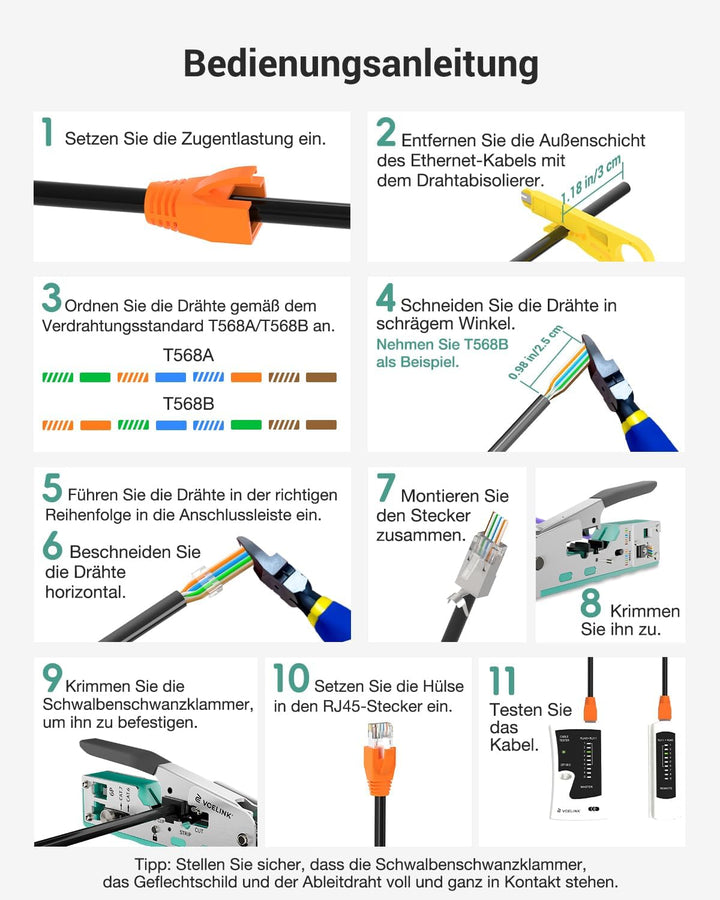 VCELINK Netzwerk Werkzeug Set, RJ45 Crimpzange mit 20 x RJ45 Stecker Cat7 Pass Through, Netzwerktest