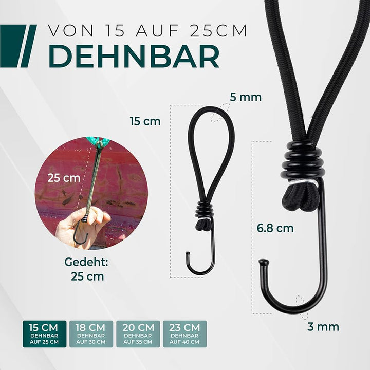 CargoVA® - 20 Spanngummis mit Haken und praktischer Tasche - Expanderhaken für Planen und Netze - Sc