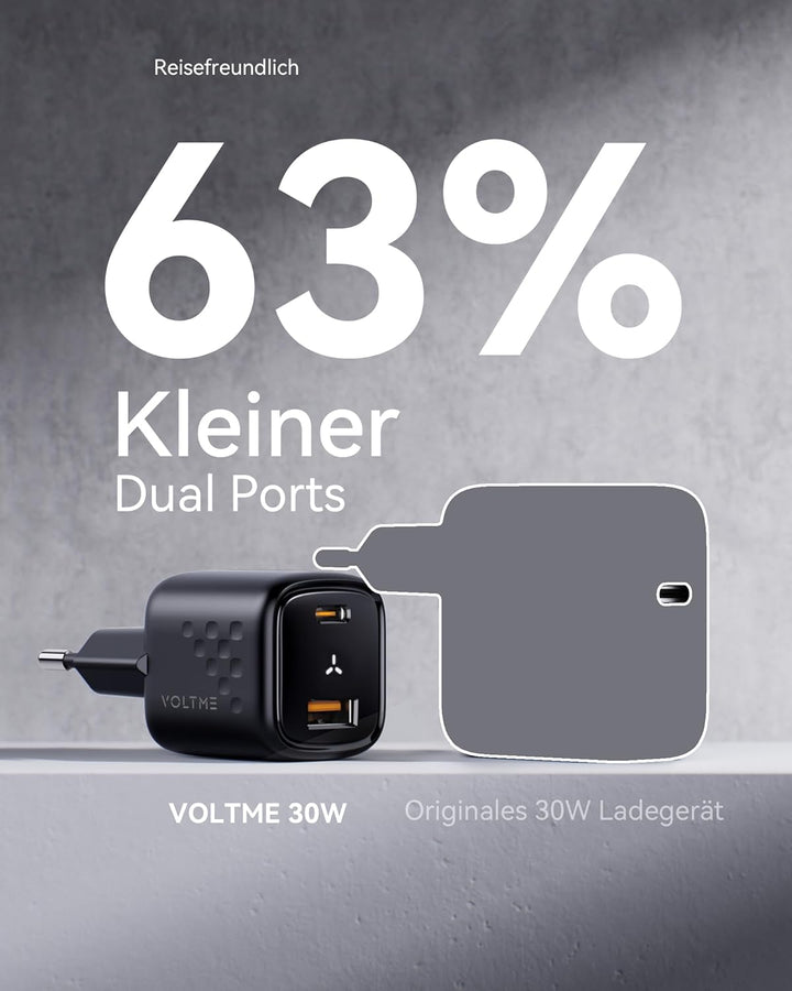 VOLTME USB-C Ladegerät 30W Dual Port Ladestecker Schnellladegerät Schwarz, USB Netzteil USB C PD3.0