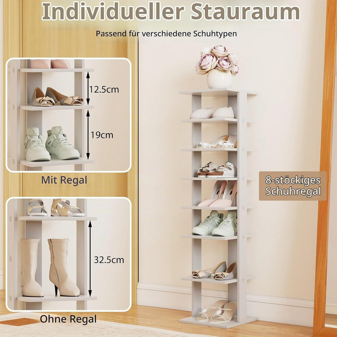 GIANTEX Schuhregal schmal und hoch, Schuhschrank Regal Holz 8 Ebenen, Schuhständer Schuhablage verti