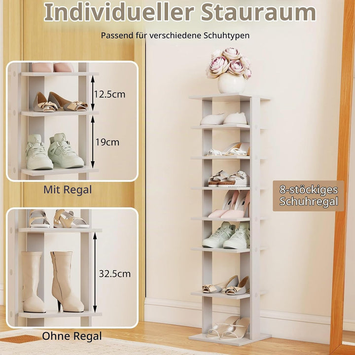 GIANTEX Schuhregal schmal und hoch, Schuhschrank Regal Holz 8 Ebenen, Schuhständer Schuhablage verti