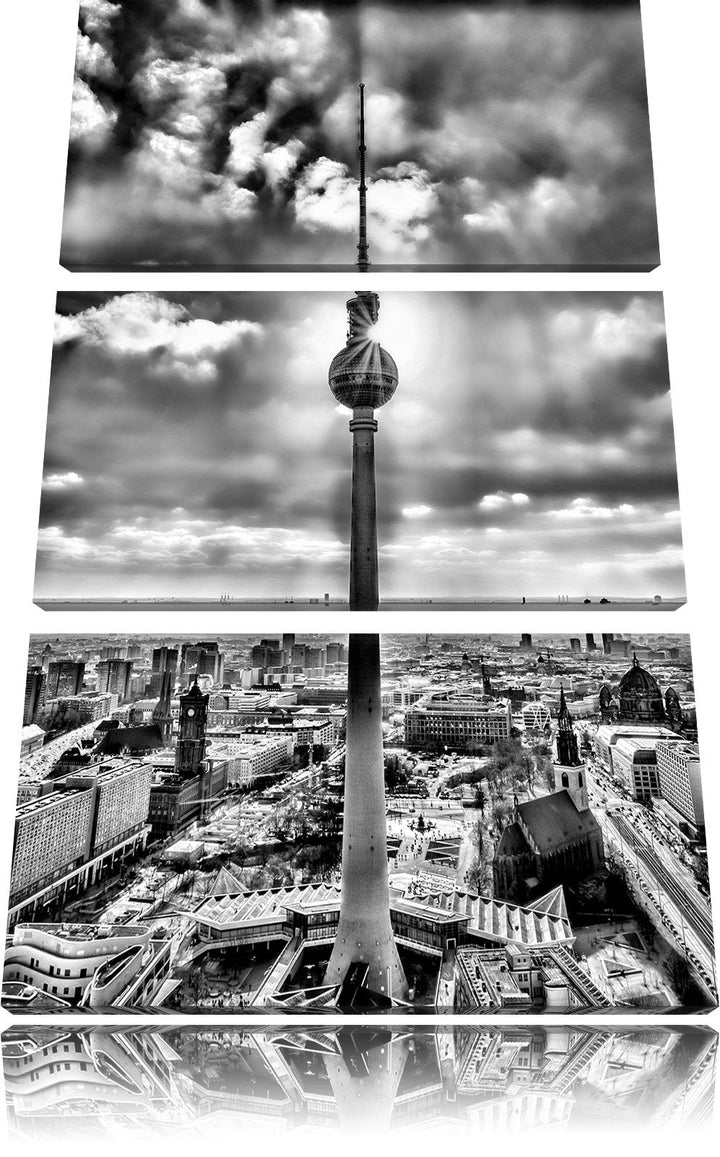 Pixxprint Monocrome, Grossstadt Fernsehturm, Berlin City 3-Teiler Leinwandbild 120x80 Bild auf Leinw