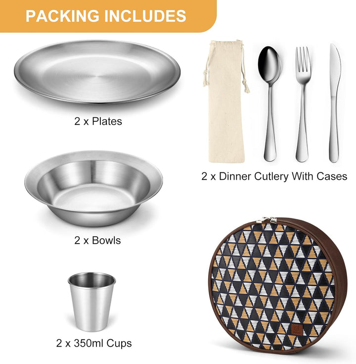 Odoland Campingbesteck Set Geschirrset 13 PCS aus Edelstahl Tafelservice mit Etui Messer Gabel Löffe