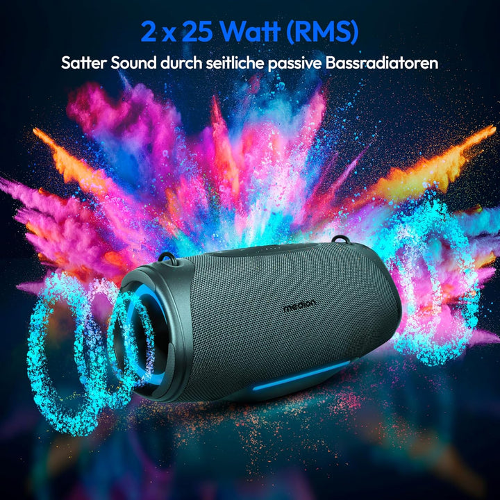MEDION P61762 tragbarer Bluetooth Lautsprecher (Akku, Bass Boost, Musikbox, RGB Lichteffekte, IPX7 W