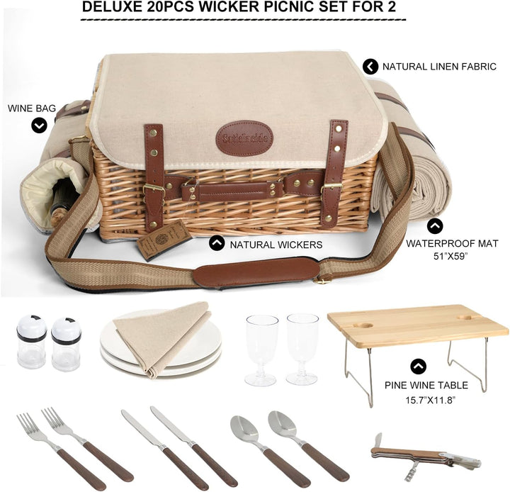 Multifunktionales Picknickkorb-Set aus Weidengeflecht für 2 Personen mit Decke und Picknicktisch, is