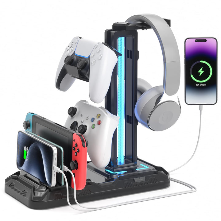 KDD Headset Halterung Led mit Ladestation - PS5 Controller Halter & Kopfhörer Ständer Tisch mit 9 Li