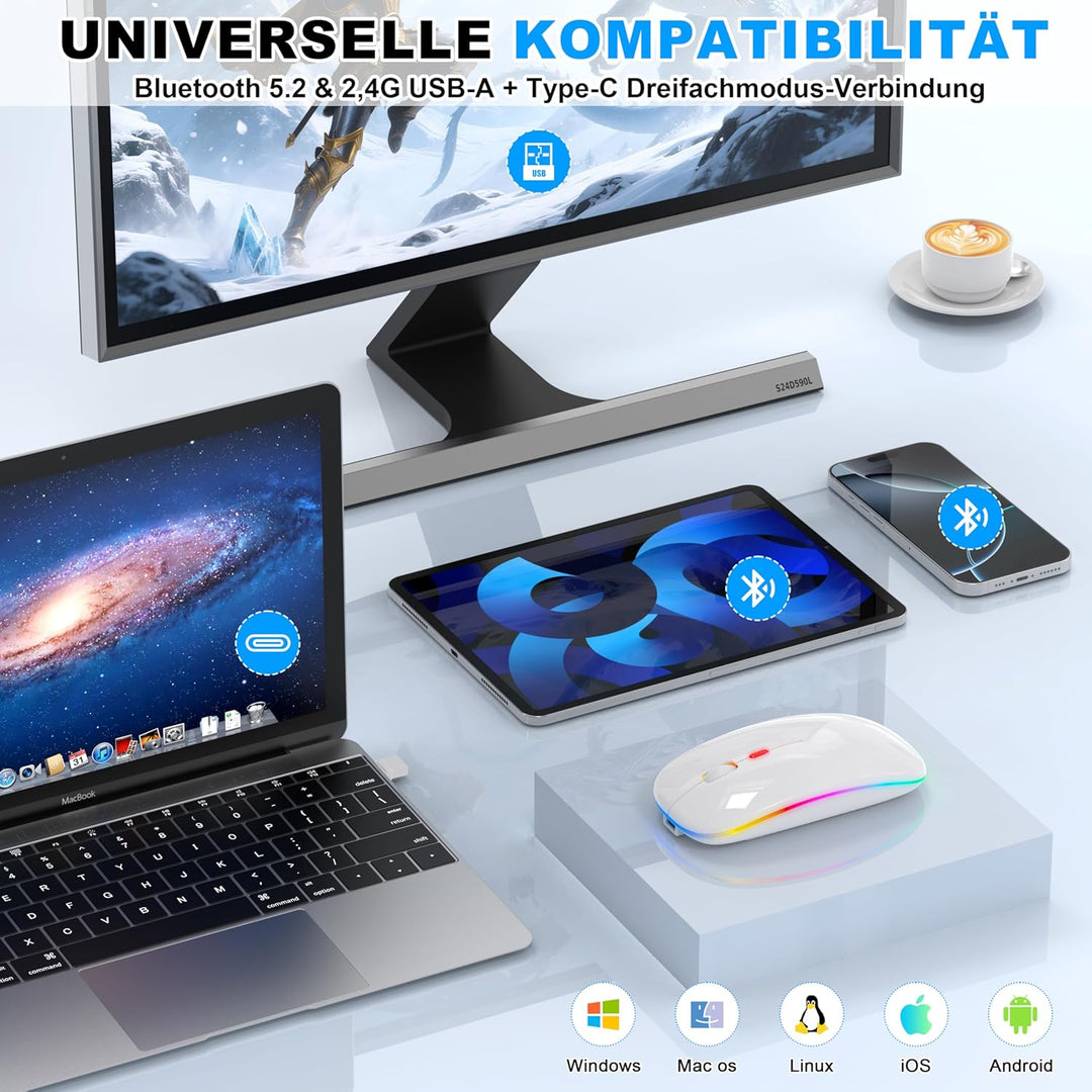 Azmall Kabellose Maus mit Jiggler-Modus – Bluetooth 5.2 & 2.4G Funk, für Laptop, PC, iOS, Android, i