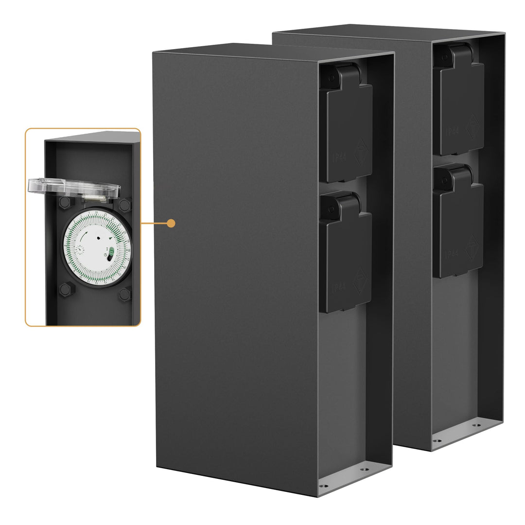 ledscom.de 2X Garten Steckdosensäule POMI für aussen, IP44, Timer/Zeitschaltuhr, 2-Fach, anthrazit,