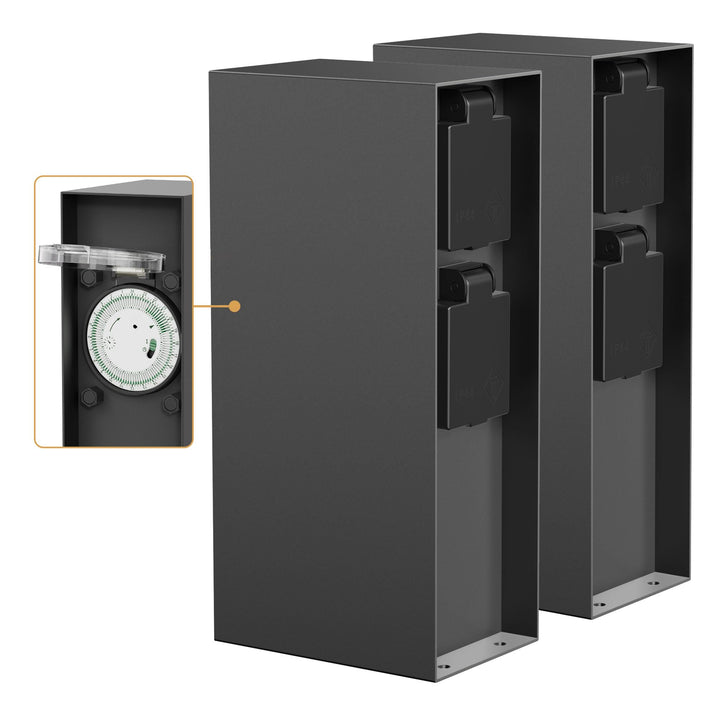 ledscom.de 2X Garten Steckdosensäule POMI für aussen, IP44, Timer/Zeitschaltuhr, 2-Fach, anthrazit,