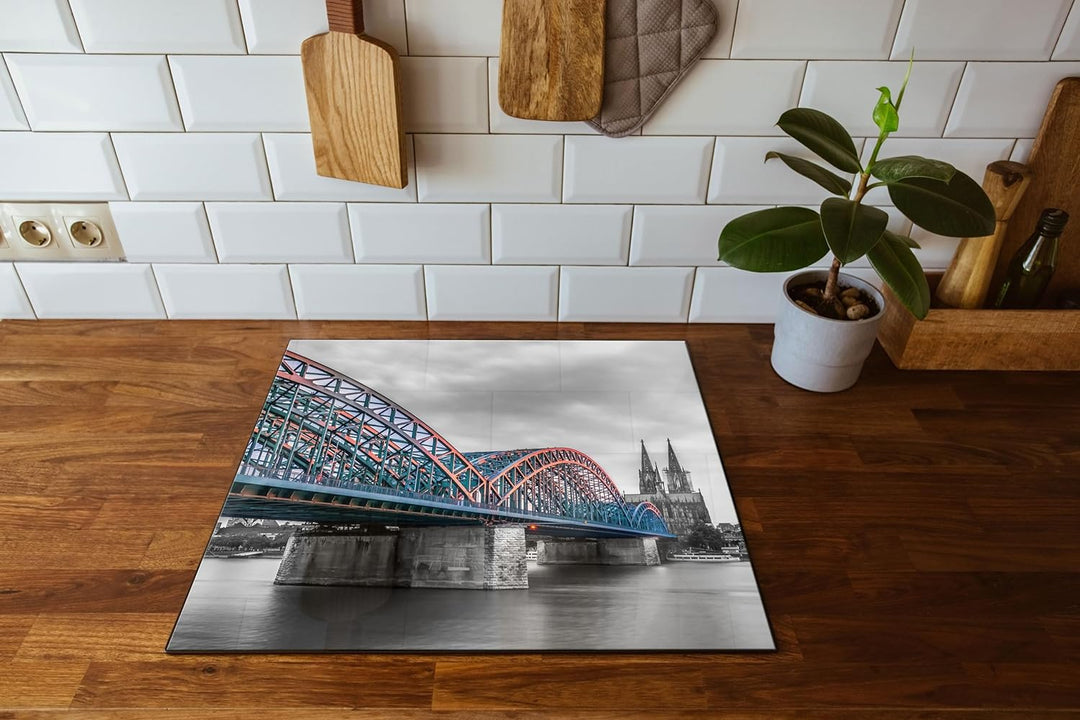 Brücke Kölner Dom Herdabdeckplatte & Spritzschutz aus Echtglas | Für Herd-Kochfelder | 60x52 cm