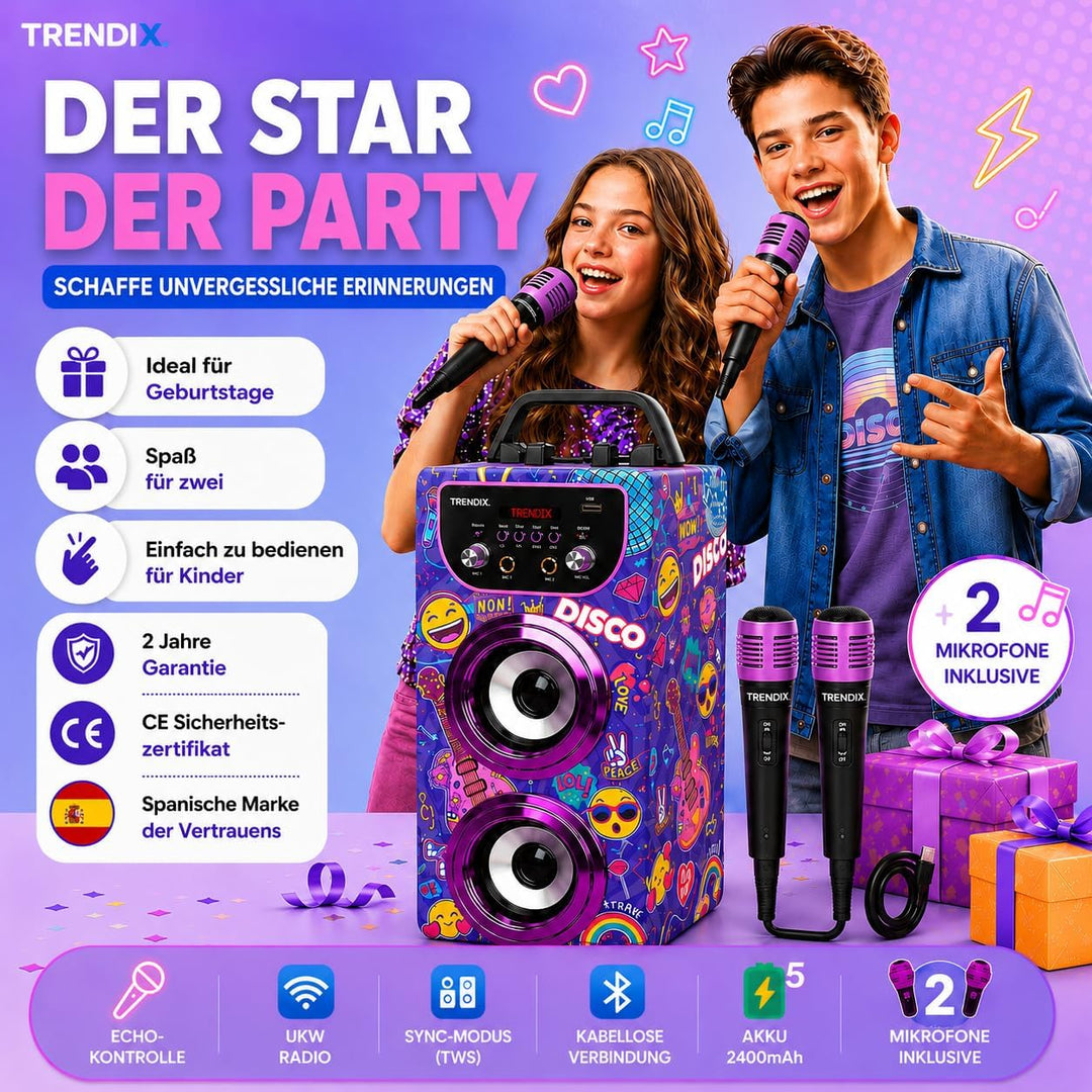 Trendix - Karaoke Maschine Kinder Top Singer | Karaoke Anlage Mit 2 Mikrofonen, Radio Fm, USB, Bluet
