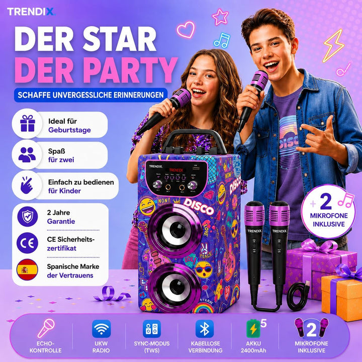 Trendix - Karaoke Maschine Kinder Top Singer | Karaoke Anlage Mit 2 Mikrofonen, Radio Fm, USB, Bluet
