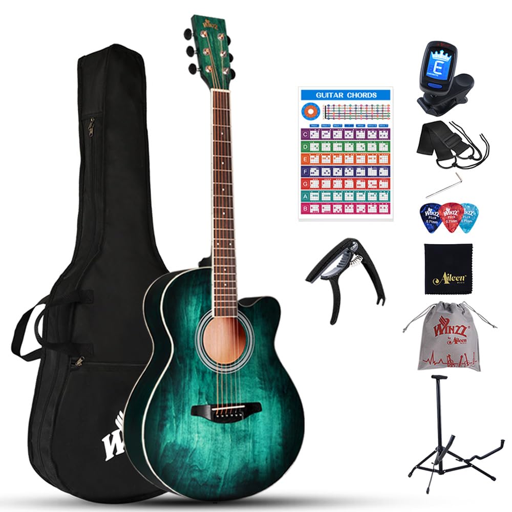 Winzz Akustikgitarre Blau-grün, Westerngitarre 40 Zoll, Gitarre Anfänger Set mit Gitarrenständer, Gi