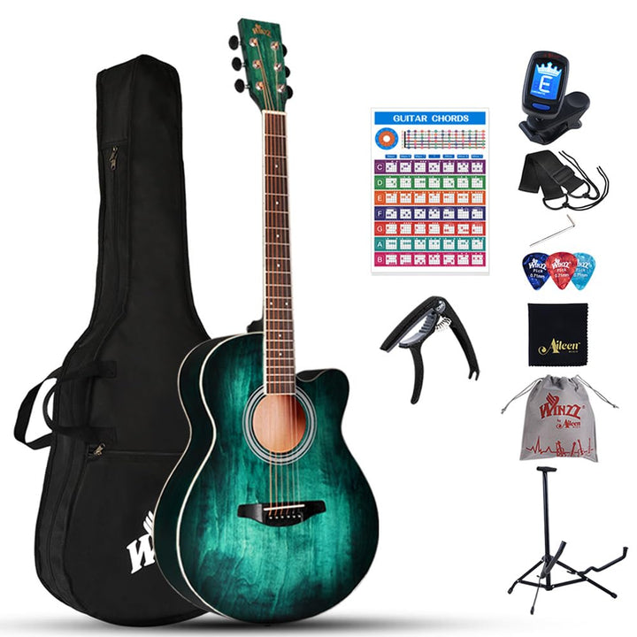 Winzz Akustikgitarre Blau-grün, Westerngitarre 40 Zoll, Gitarre Anfänger Set mit Gitarrenständer, Gi