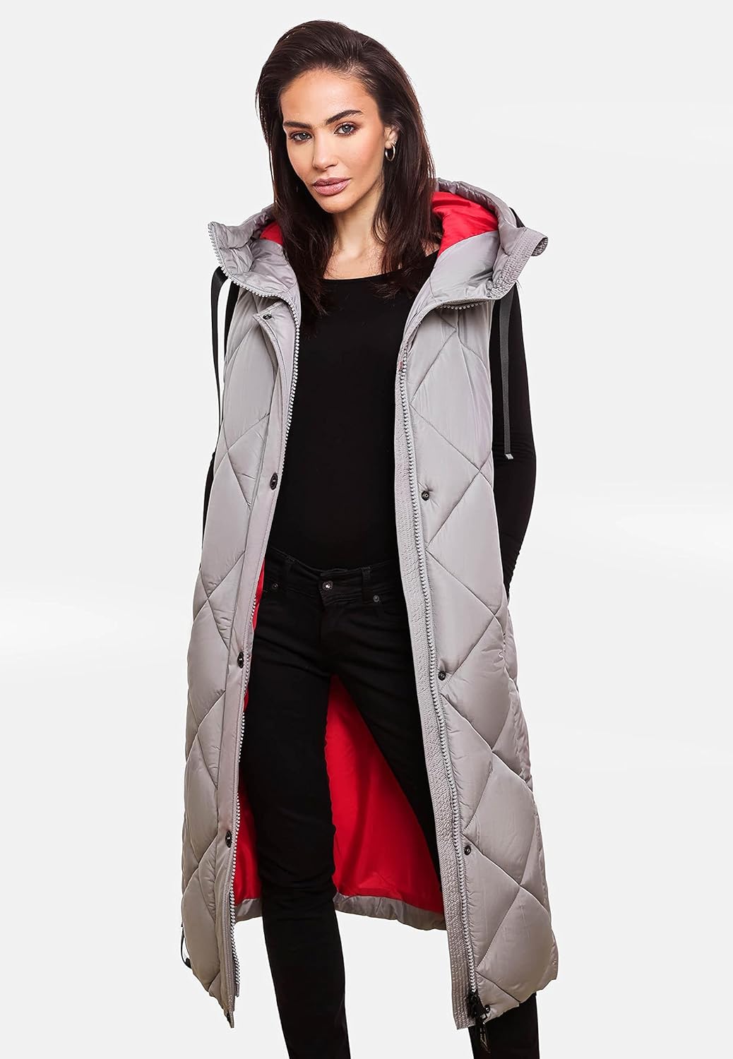 Navahoo warme Damen Winter Steppweste lang mit Kapuze Schnuckel XS-XXL S Zinc Grey, S Zinc Grey