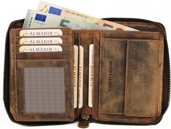 ALMADIH Premium Leder Portemonnaie RFID-Schutz Hochformat mit Reissverschluss 17 Kartenfächer in Ges