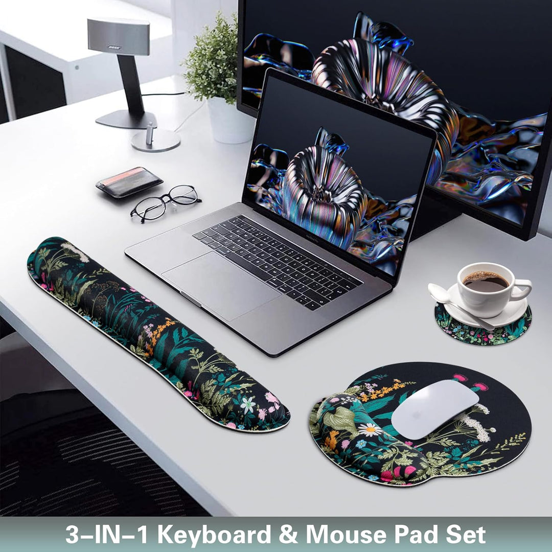 3-in-1 Mousepad Set,Mauspad mit Gelkissen+Handballenauflage Tastatur+Untersetzer,Mauspad XXL mit Rut