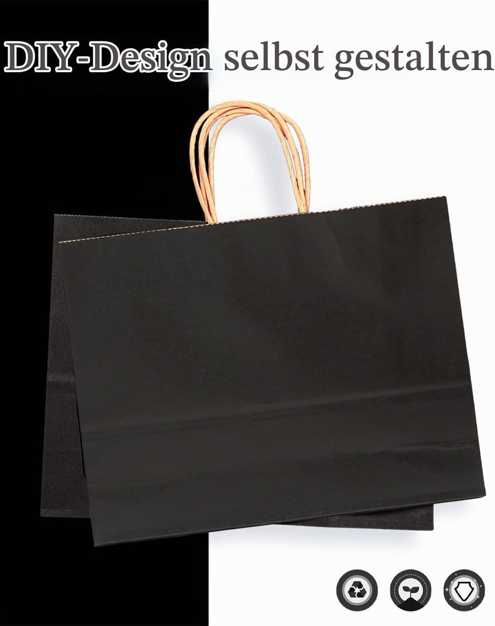 Gcardist 50 Stück Schwarz-Geschenktüten aus Papier mit Henkeln–12.6"x4.3"x10"-TütenBreite Tasche Par