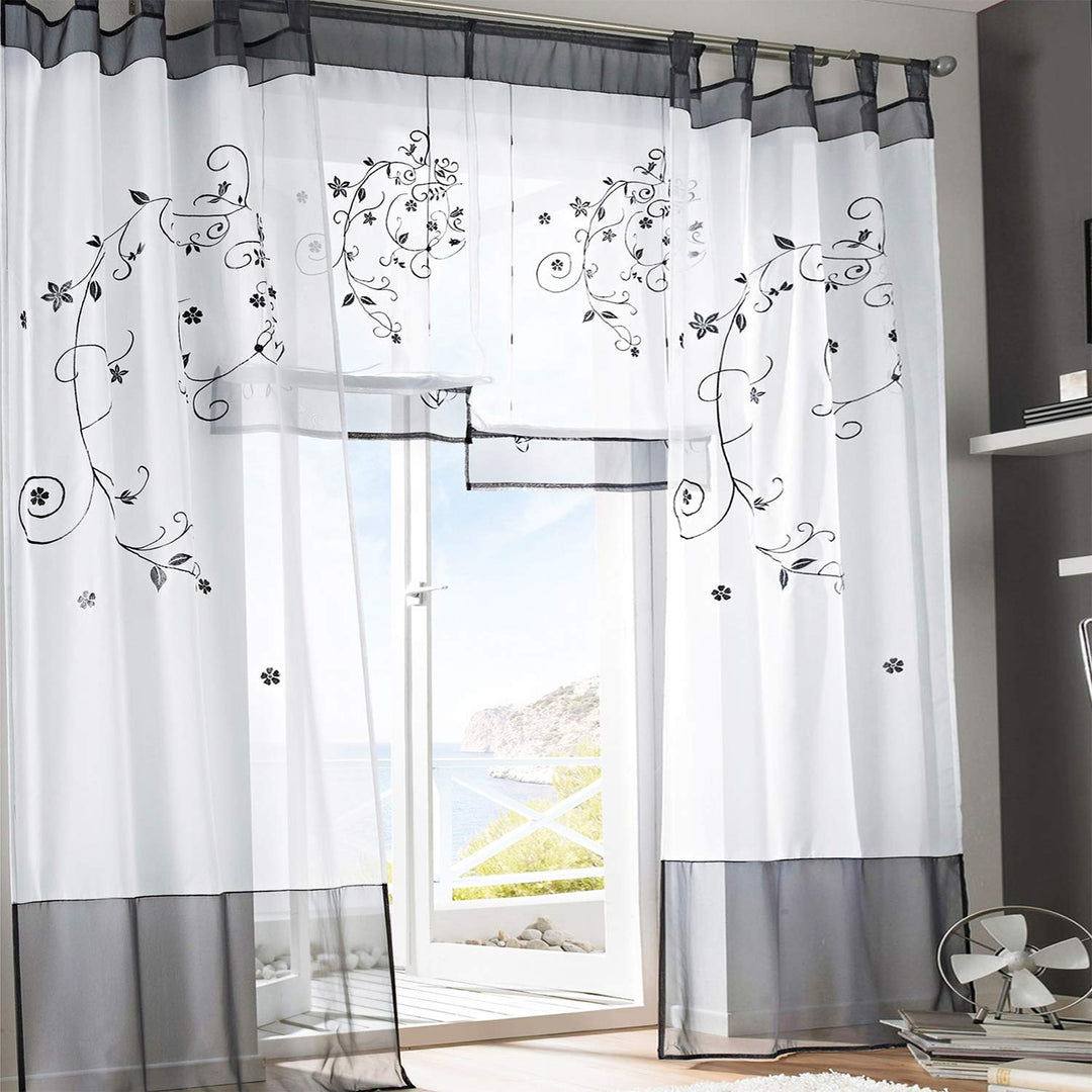 SIMPVALE 2 stücks Vorhänge Gardinen Stickerei mit Laschen für Zimmer Breite 140 cm, Grau, Höhe 145cm