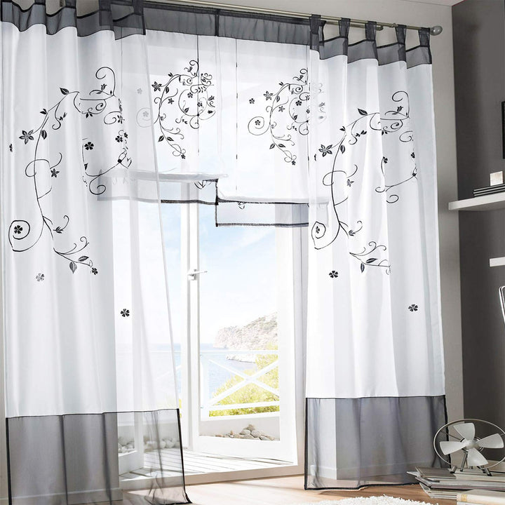 SIMPVALE 2 stücks Vorhänge Gardinen Stickerei mit Laschen für Zimmer Breite 140 cm, Grau, Höhe 145cm