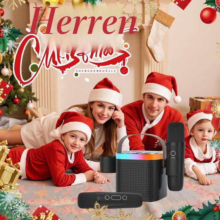 Mini Karaoke Maschine mit 2 Mikrofones, Kreative Musik Lautsprecher mit Mic Halter für Kinder Erwach